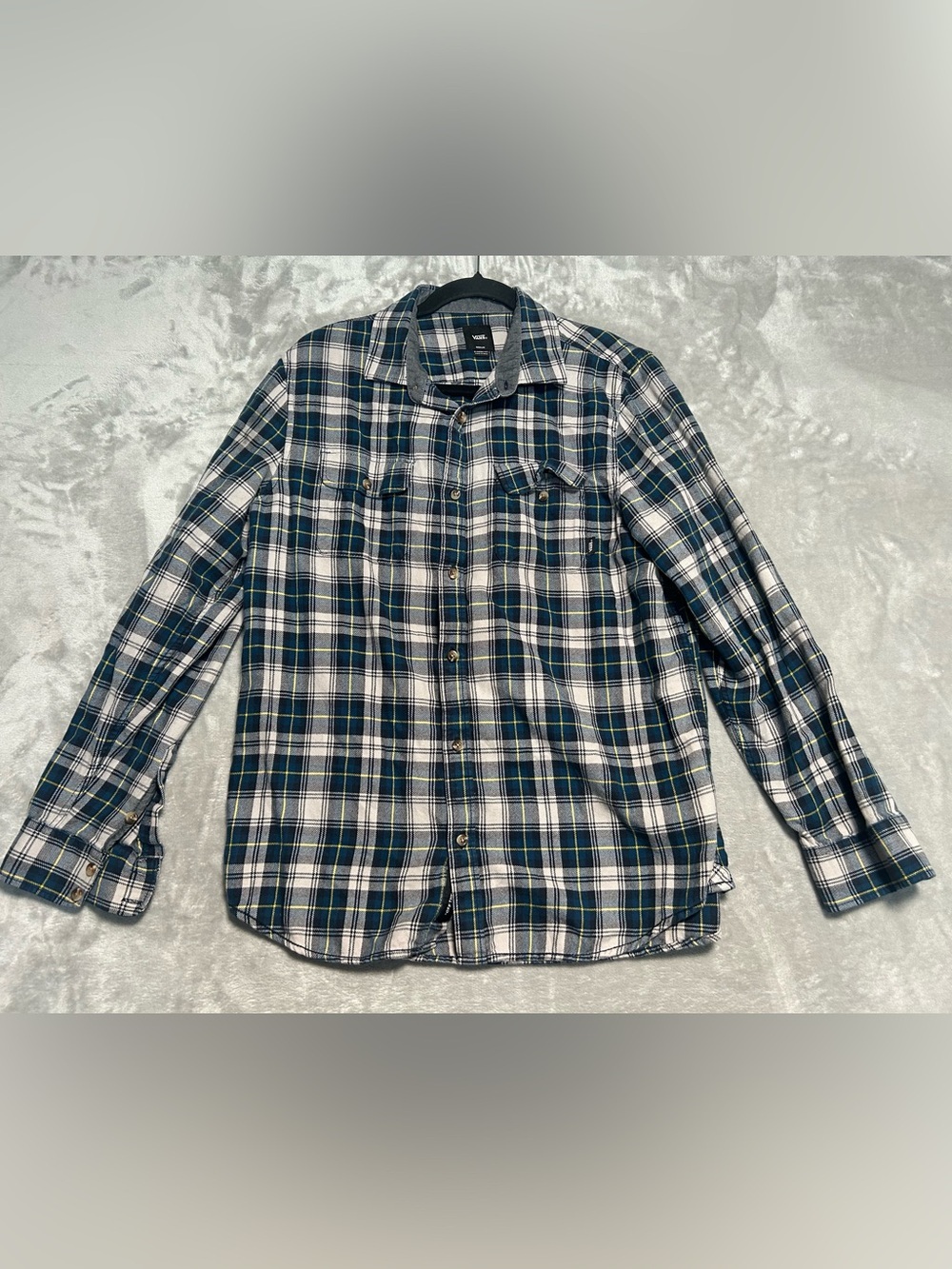 Vans Button Down Classic Fit Flannel Shirt Men’s Medium Plaid Blue Yellow